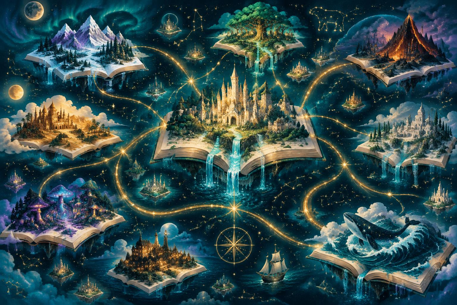 Mapa mágico feito de livros abertos, ilhas de histórias e constelações douradas